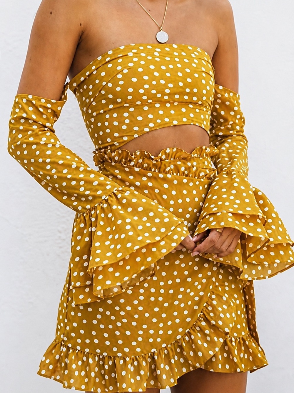 SABO Skirt Mustard Yellow Polka Dot Off Shoulder Wrap Mini Dress Small